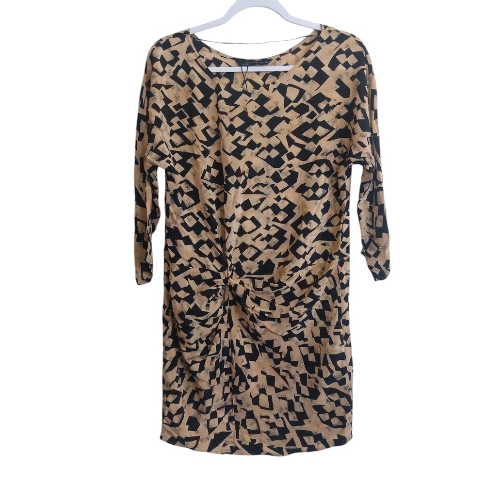 Zara Knotted Front 3/4 Sleeve Geo Print Silk Mini Dress- size M